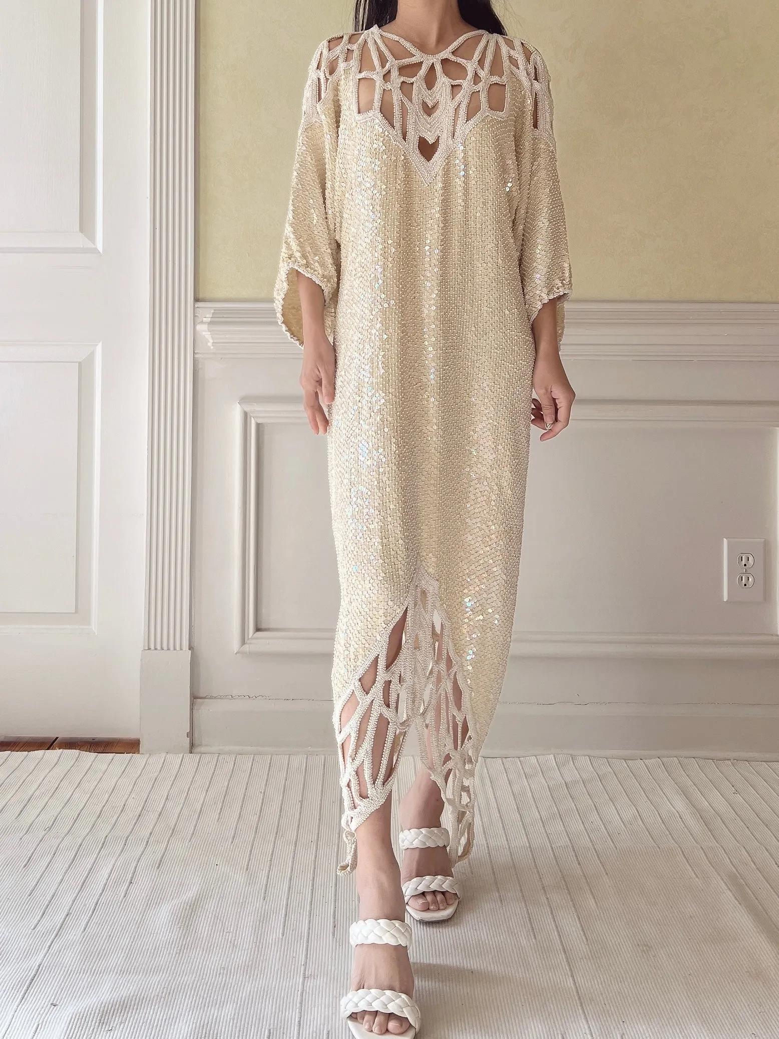 1970s Silk Beaded Cutout Dress - M/L