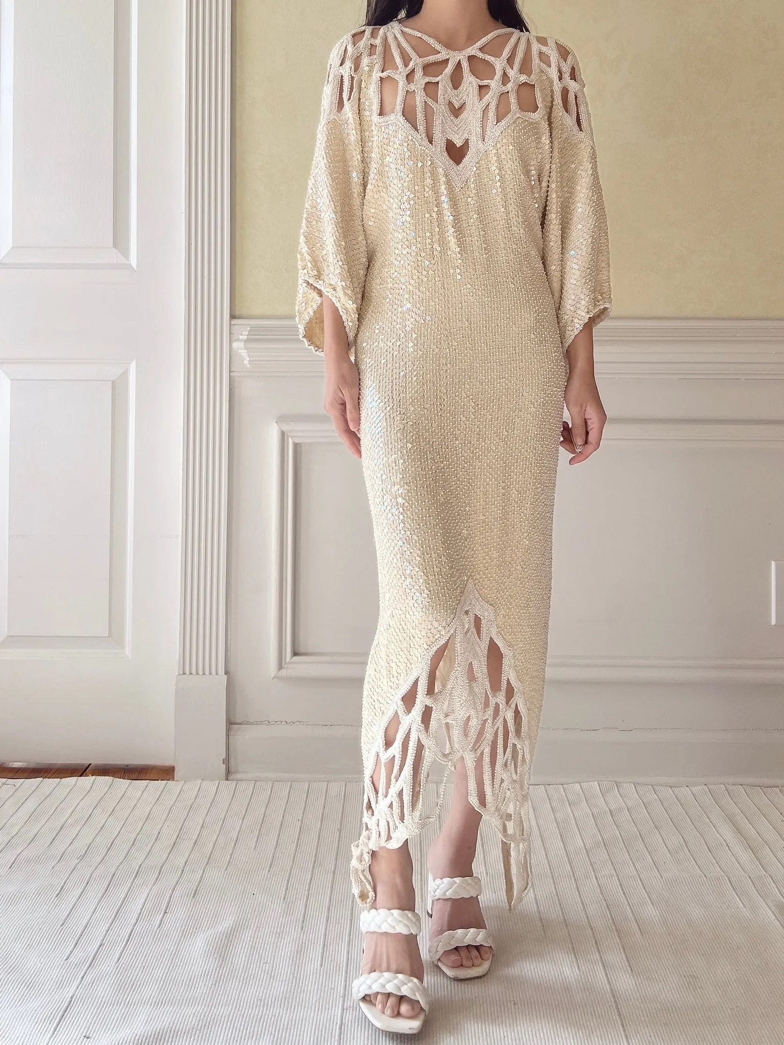 1970s Silk Beaded Cutout Dress - M/L