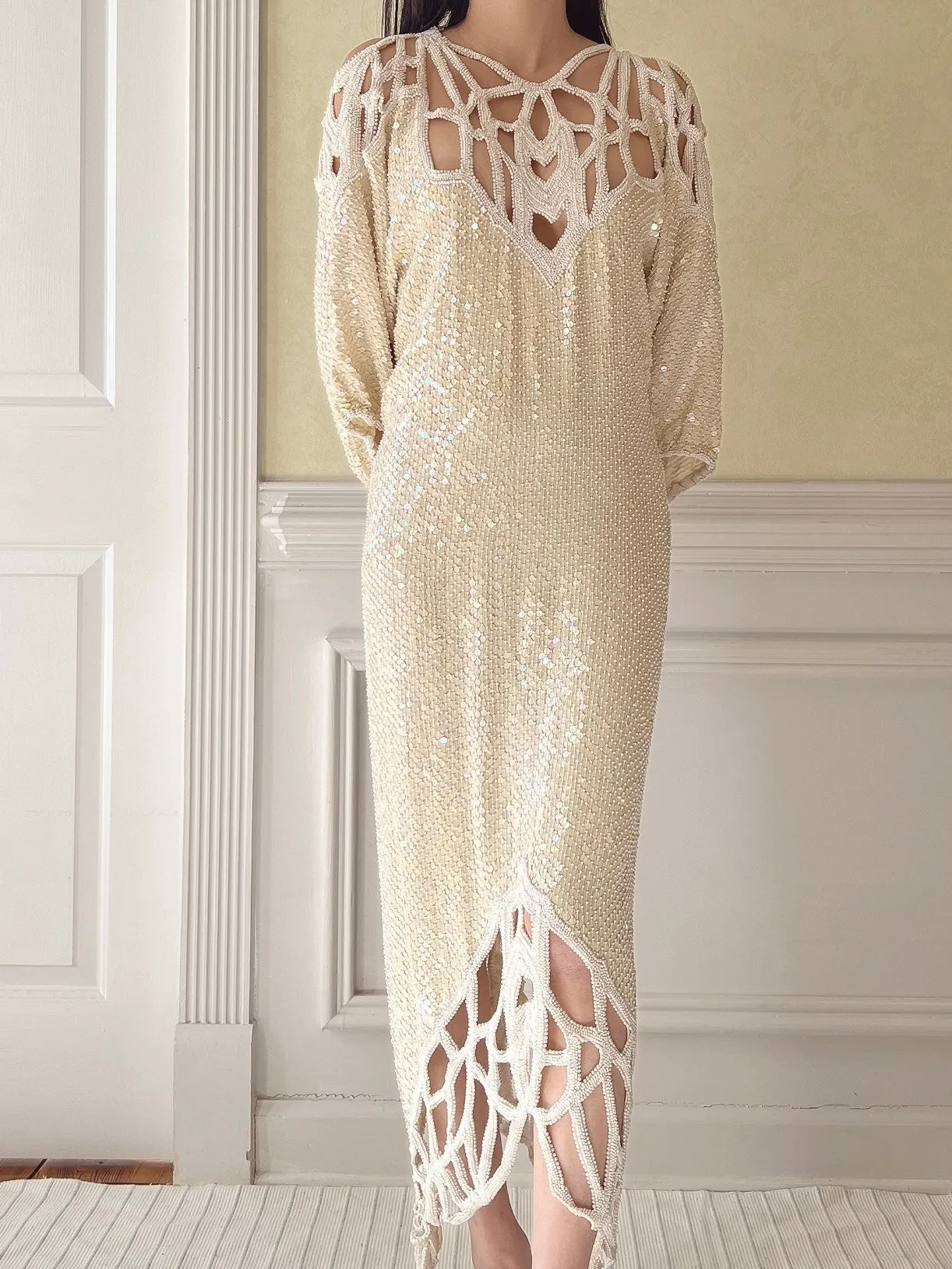 1970s Silk Beaded Cutout Dress - M/L