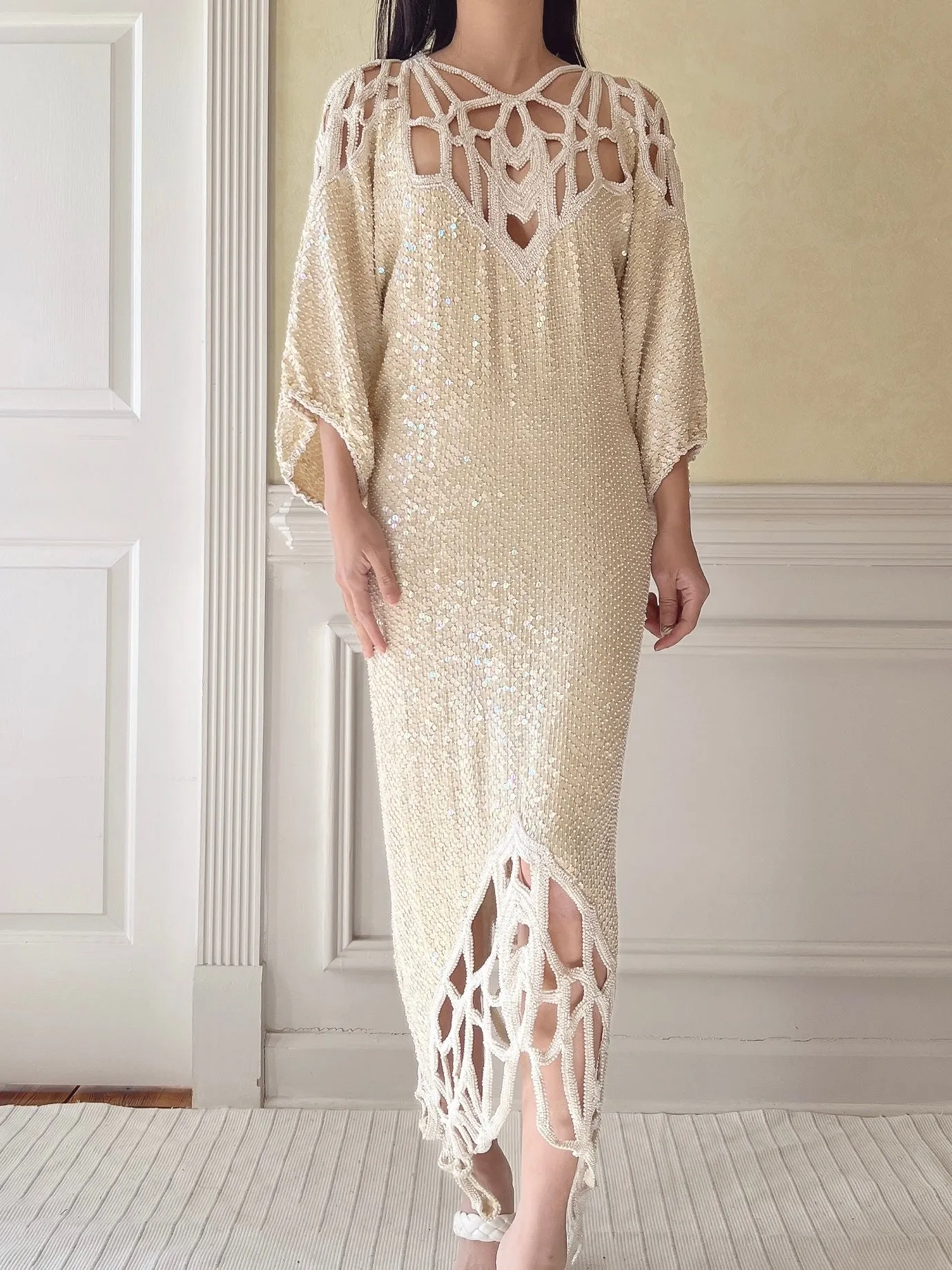 1970s Silk Beaded Cutout Dress - M/L
