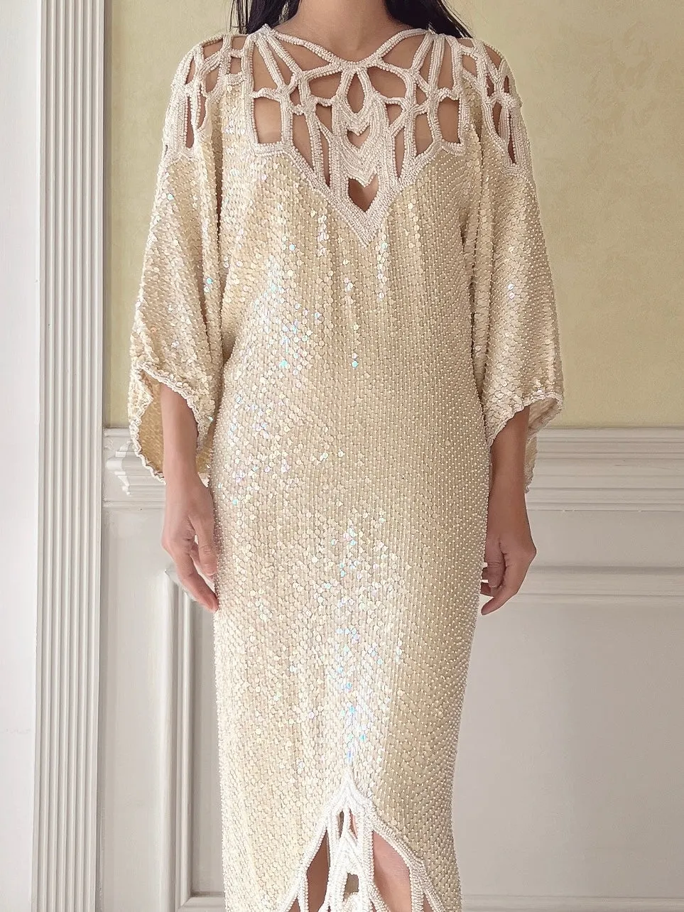 1970s Silk Beaded Cutout Dress - M/L