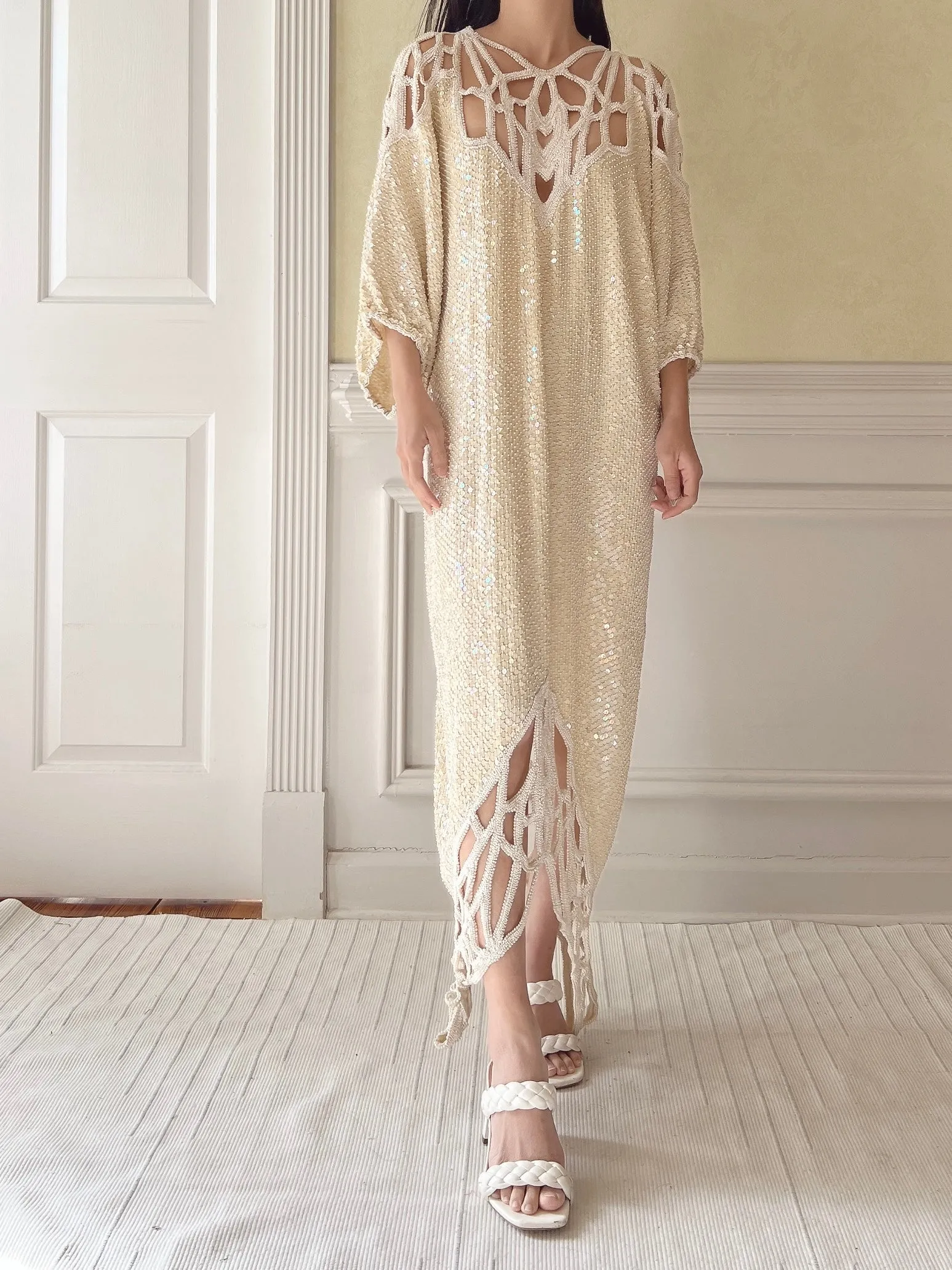 1970s Silk Beaded Cutout Dress - M/L