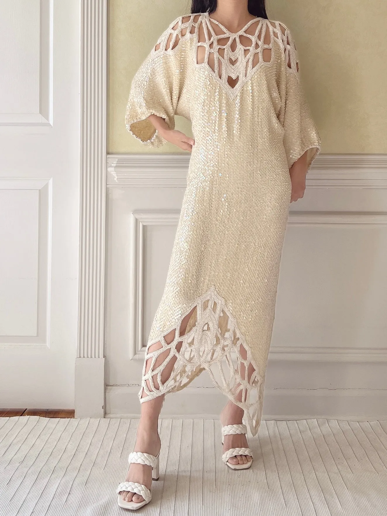 1970s Silk Beaded Cutout Dress - M/L