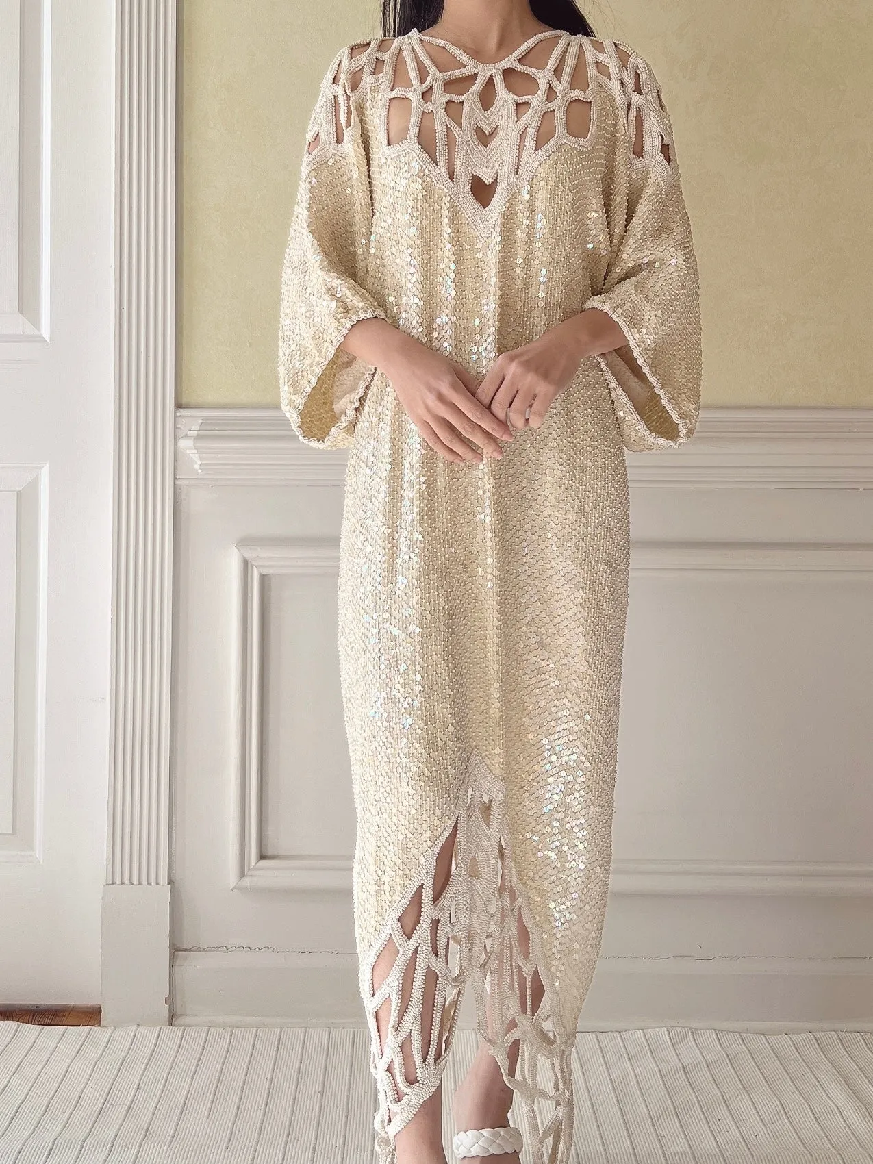 1970s Silk Beaded Cutout Dress - M/L