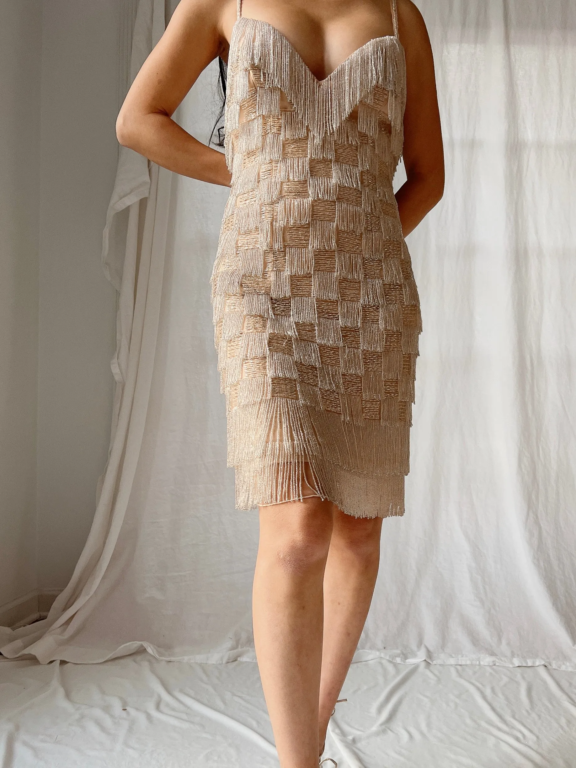 2000s Checkered Beaded Nude Dress - S/4