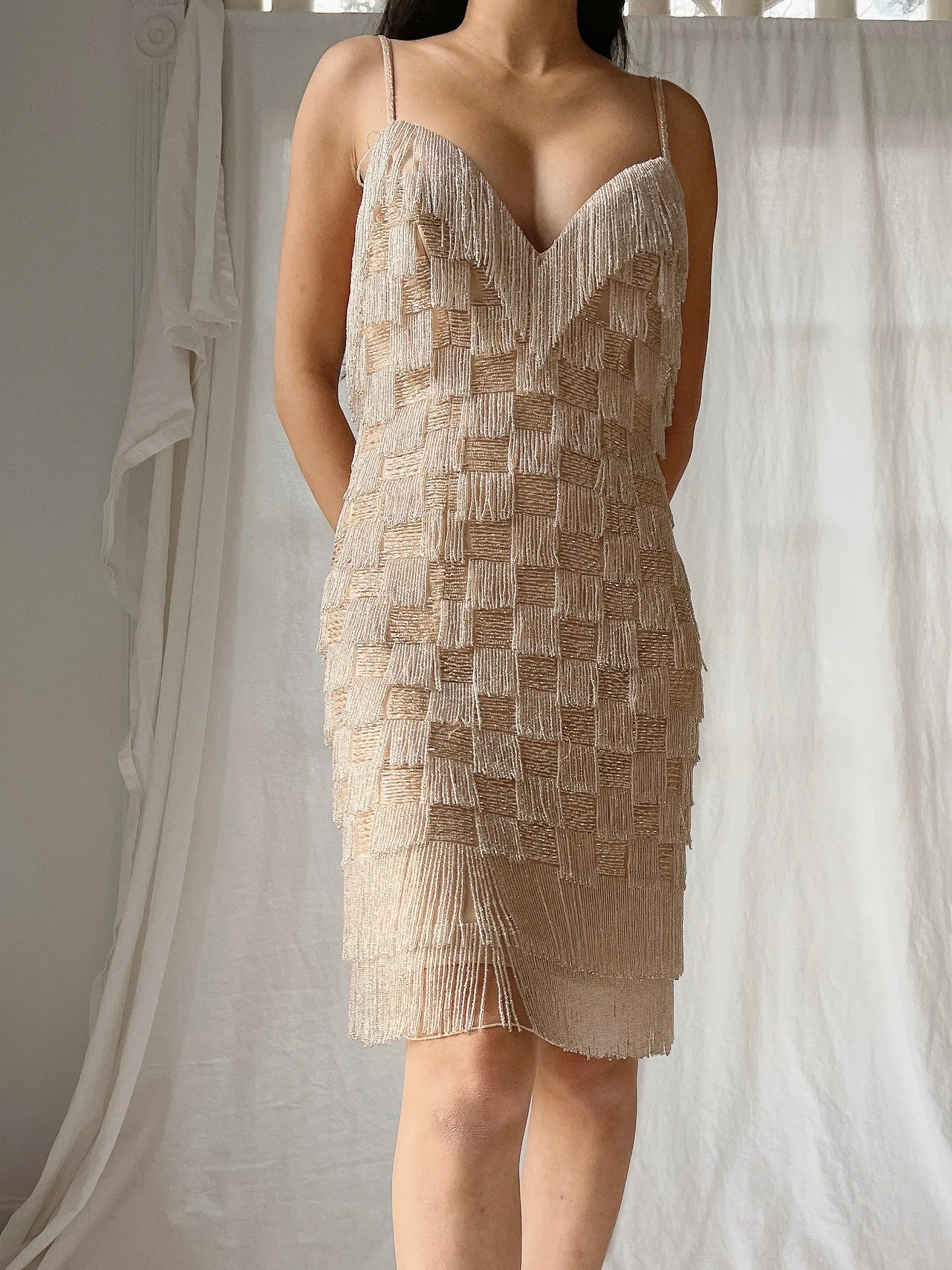 2000s Checkered Beaded Nude Dress - S/4