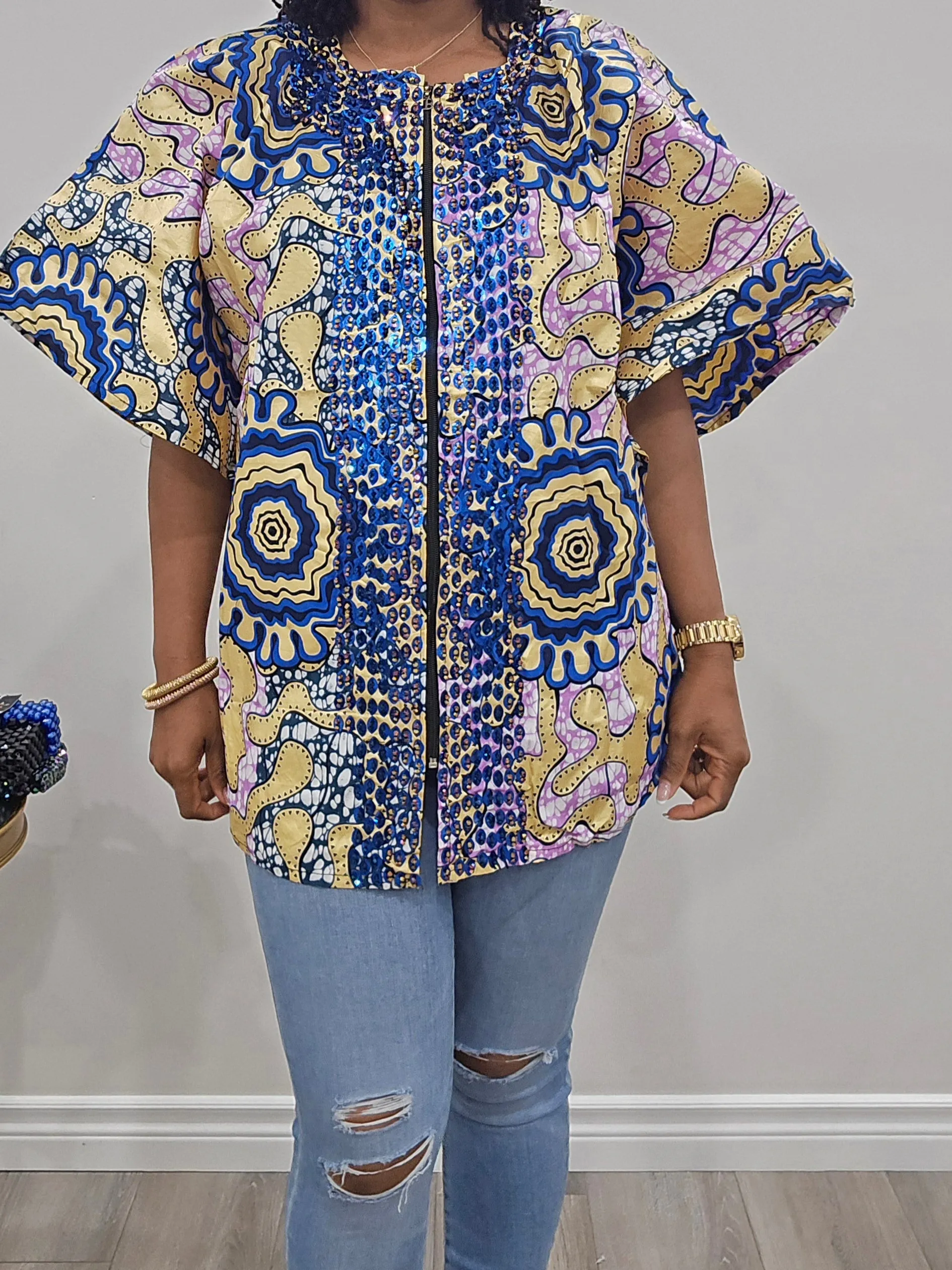 Ankara Beaded Blouse (Front Zipper)