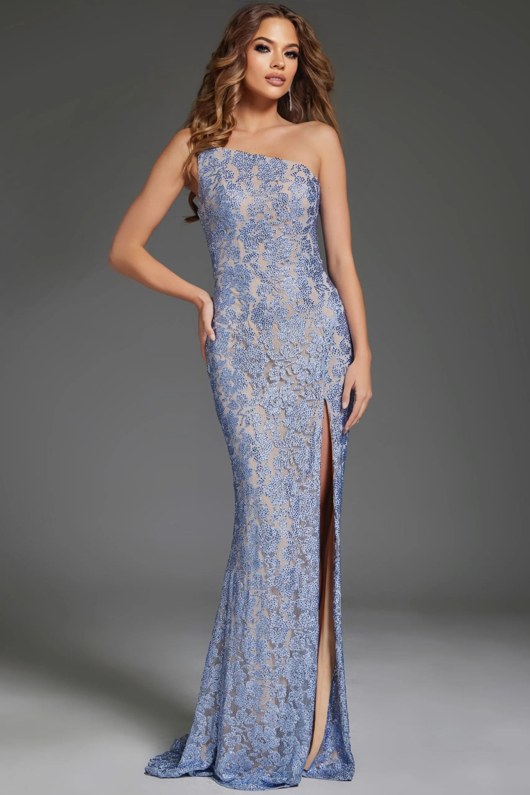 Applique Fitted One Shoulder Slit Gown by Jovani 43753