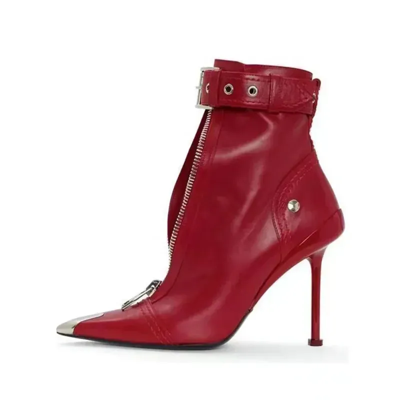Belt Buckle Front Zipper Pointed Ankle Boots