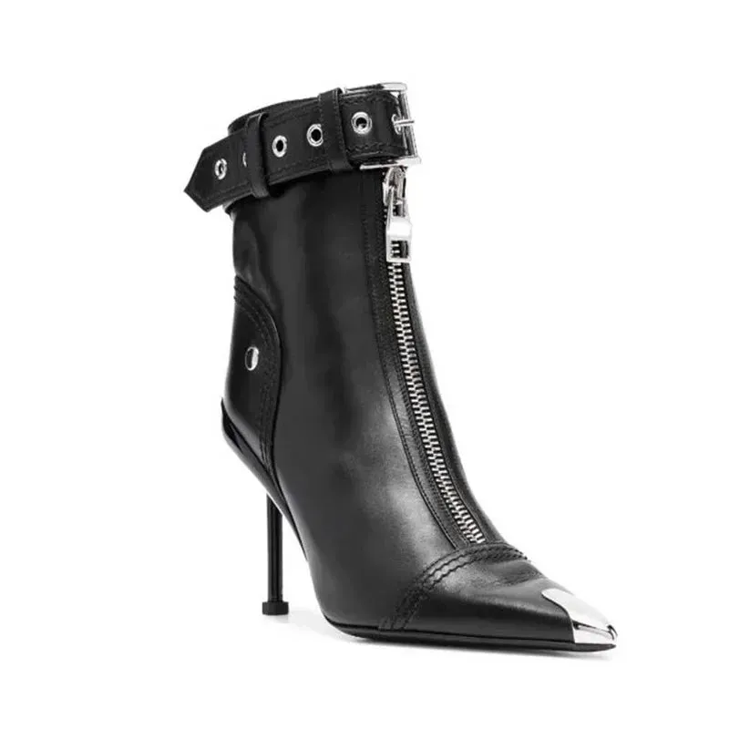 Belt Buckle Front Zipper Pointed Ankle Boots