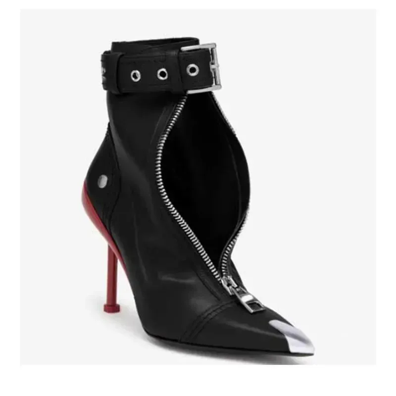 Belt Buckle Front Zipper Pointed Ankle Boots