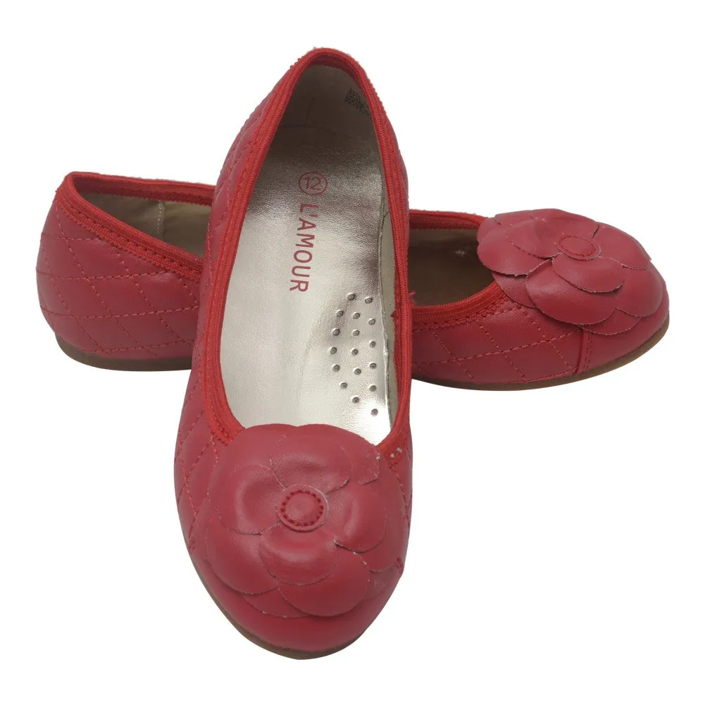 Girls Red Quilted Flower Ballet Trendy Flats 7-10 Toddler