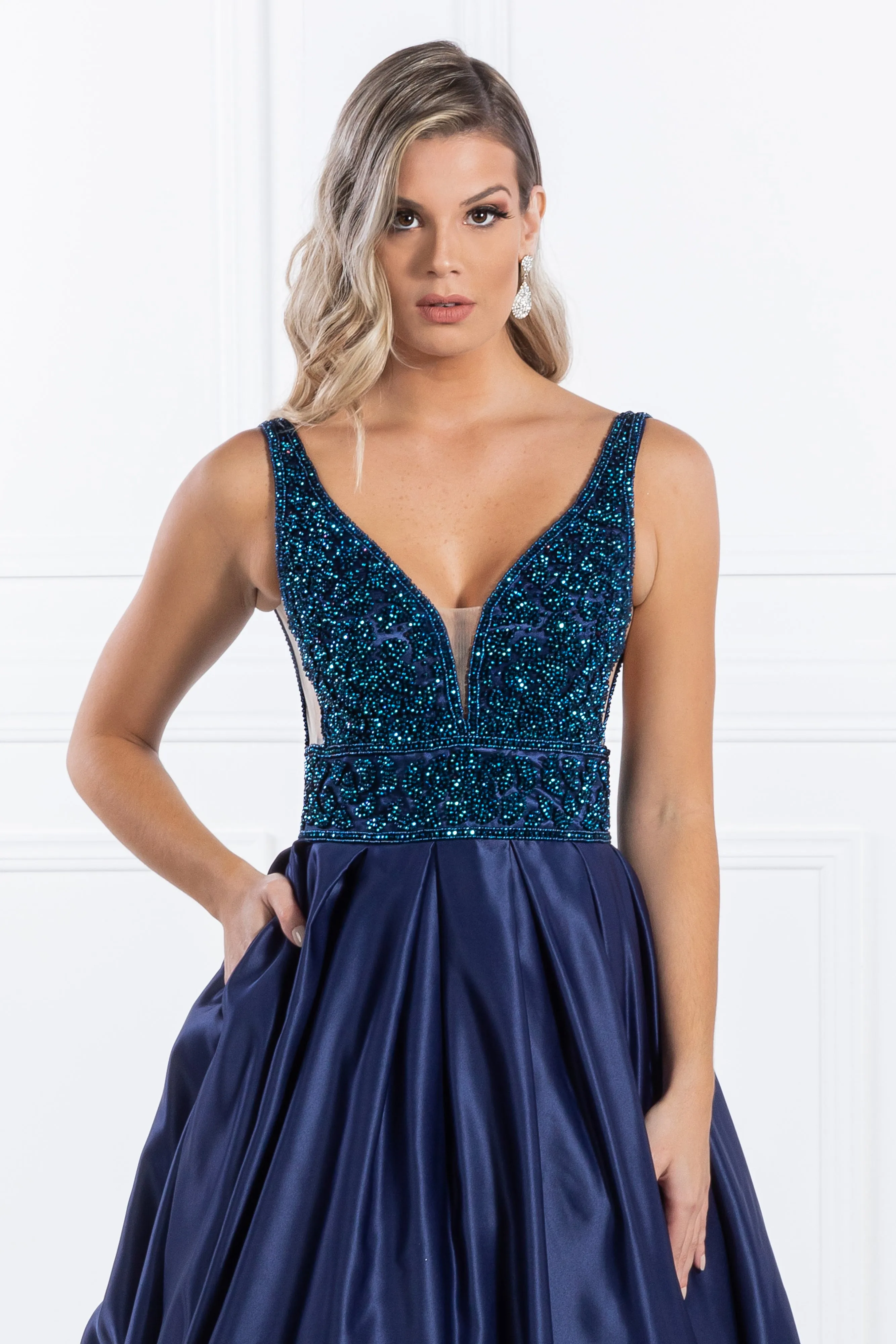 Honey Couture EMELY Royal Blue Beaded Ball Gown Formal Dress