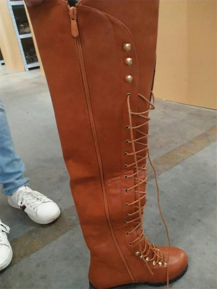 Lace Up Leather Female Over the Knee Boots