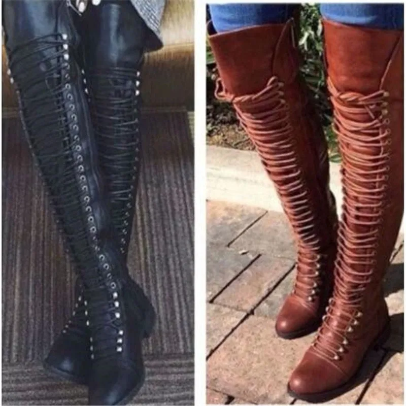 Lace Up Leather Female Over the Knee Boots