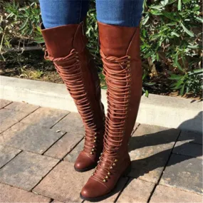 Lace Up Leather Female Over the Knee Boots