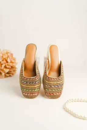 Multicolour Layered & Beaded Block Heels