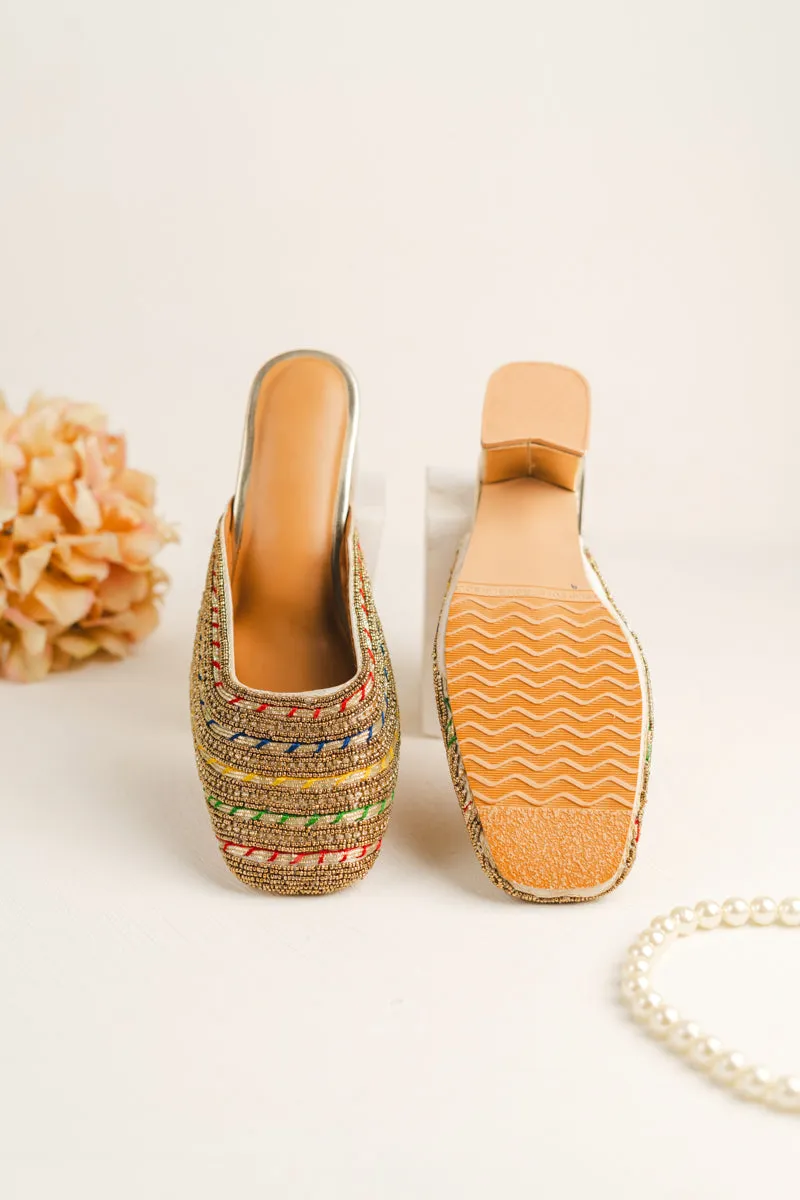 Multicolour Layered & Beaded Block Heels