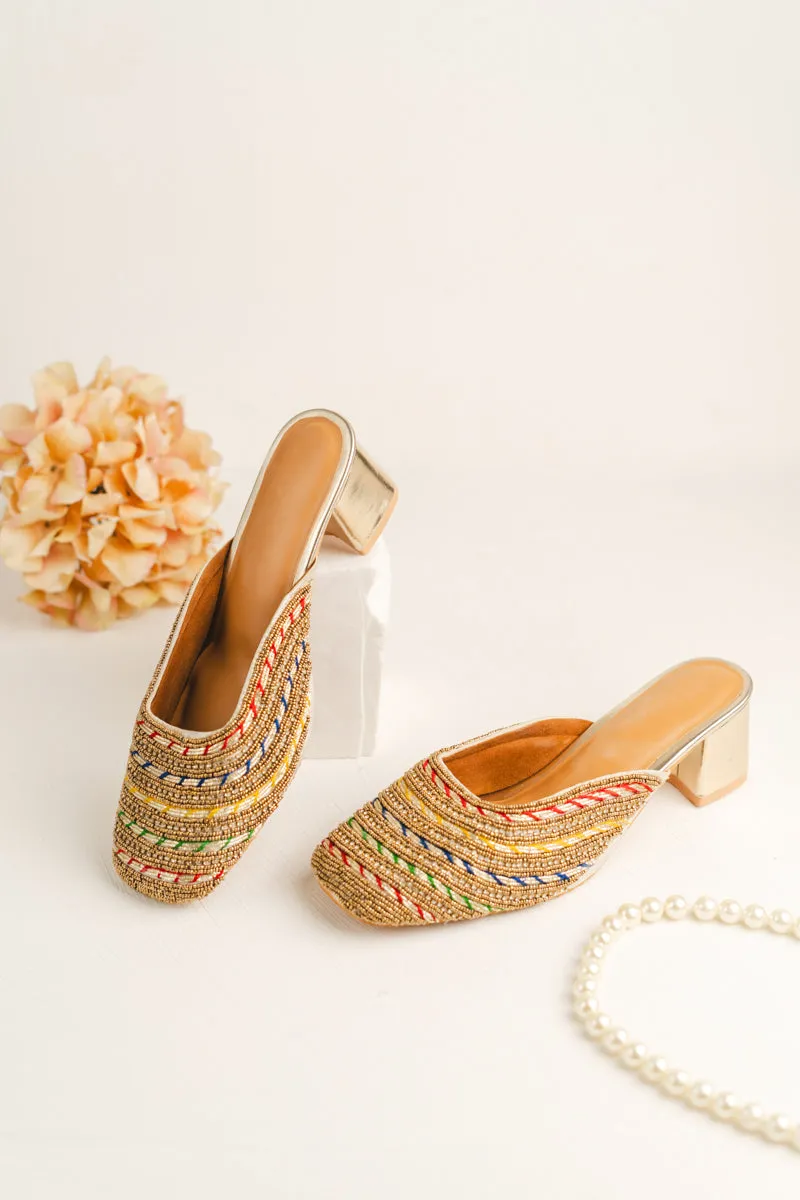 Multicolour Layered & Beaded Block Heels