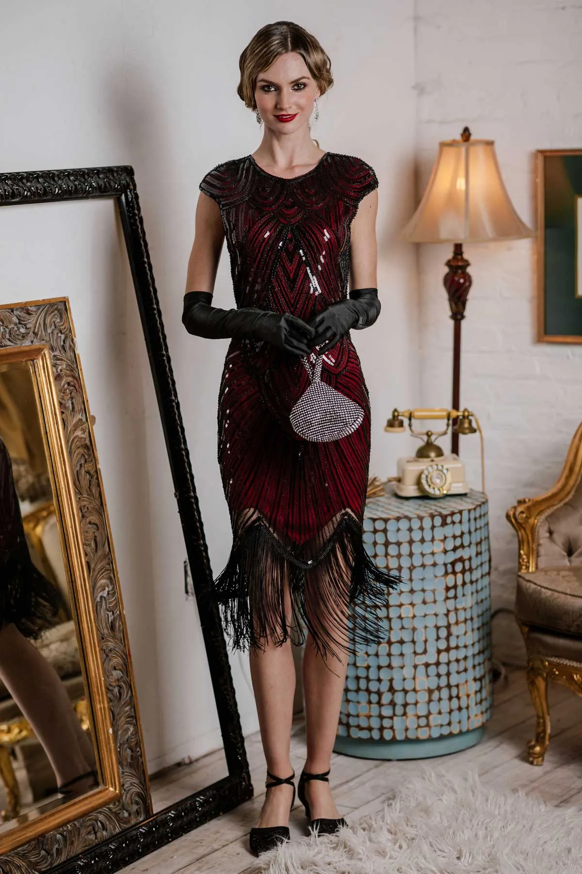 Red 1920s Sequin Beaded Fringed Dress