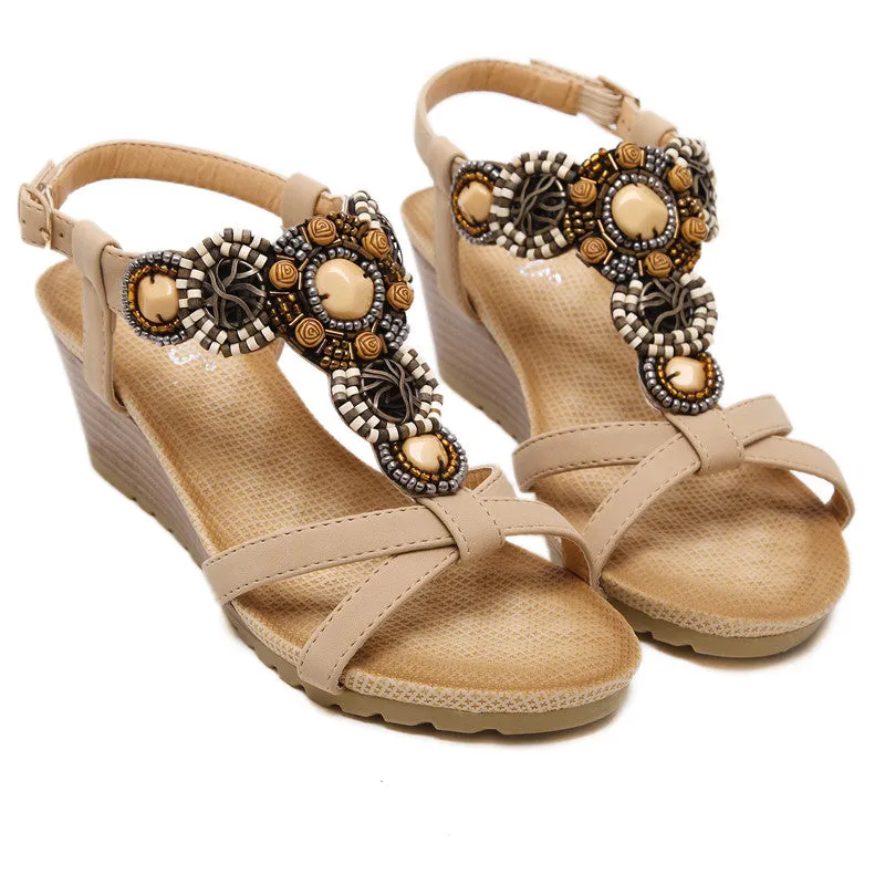 Summer Wedge Beach Shoes Bohemian Beaded Flip Flops Sandals for Women