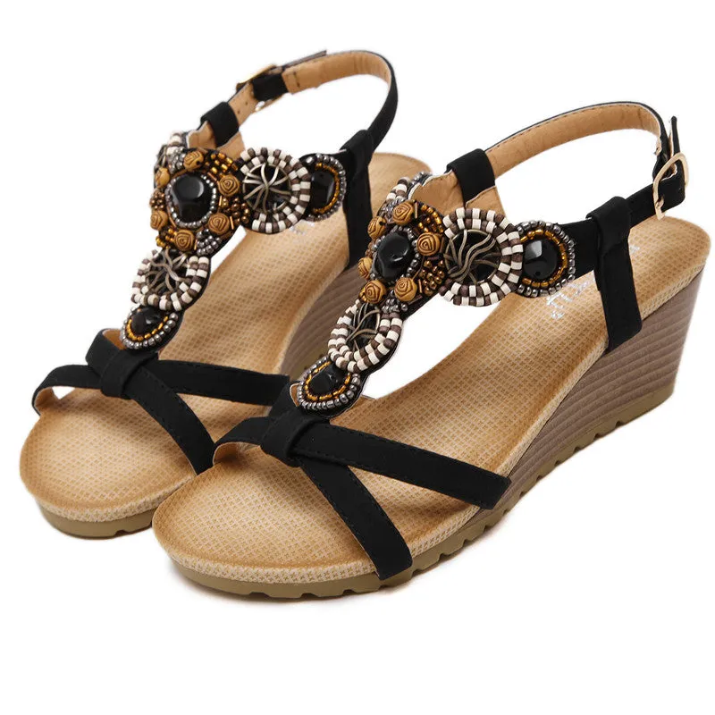 Summer Wedge Beach Shoes Bohemian Beaded Flip Flops Sandals for Women