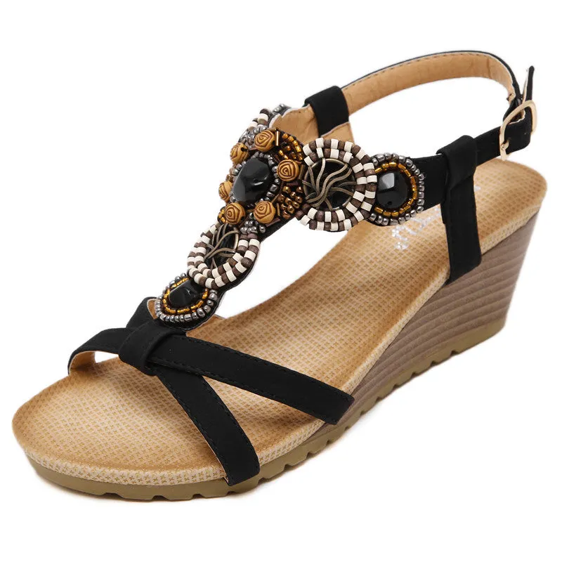 Summer Wedge Beach Shoes Bohemian Beaded Flip Flops Sandals for Women
