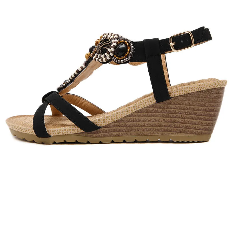 Summer Wedge Beach Shoes Bohemian Beaded Flip Flops Sandals for Women