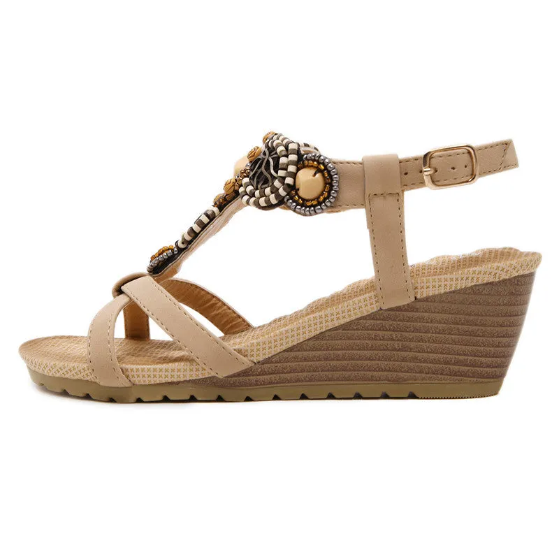 Summer Wedge Beach Shoes Bohemian Beaded Flip Flops Sandals for Women