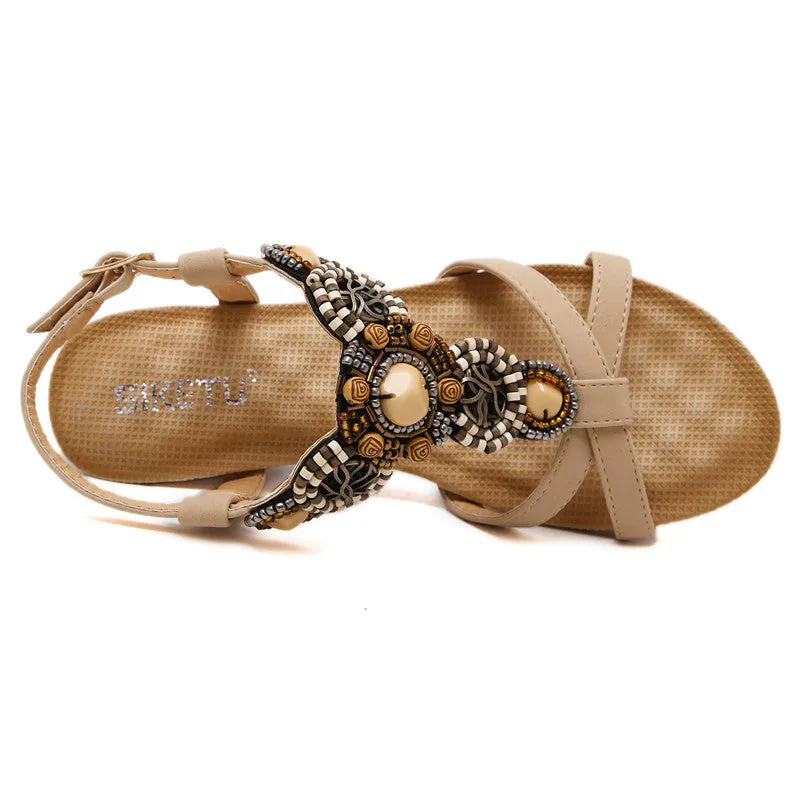 Summer Wedge Beach Shoes Bohemian Beaded Flip Flops Sandals for Women