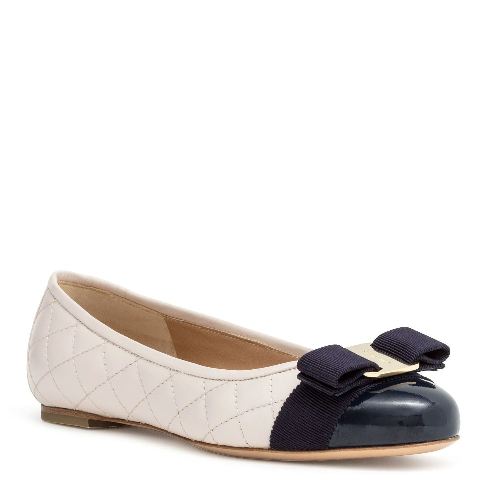 Varina quilted off white jasmine leather navy patent ballerinas