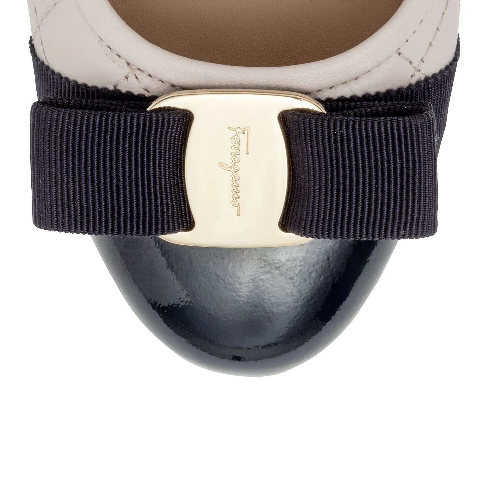 Varina quilted off white jasmine leather navy patent ballerinas