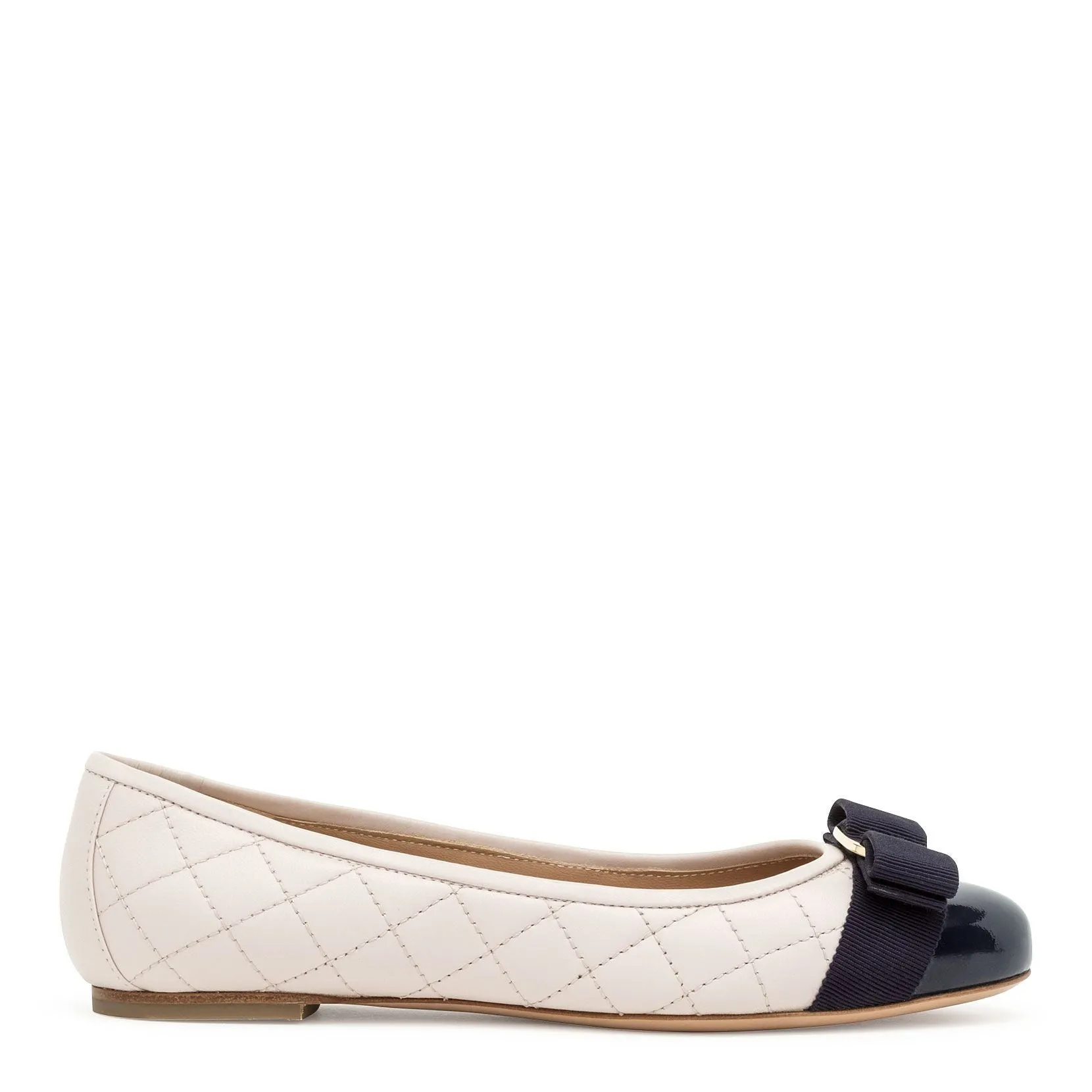 Varina quilted off white jasmine leather navy patent ballerinas