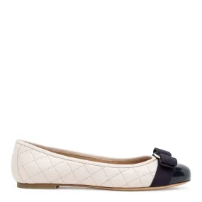 Varina quilted off white jasmine leather navy patent ballerinas