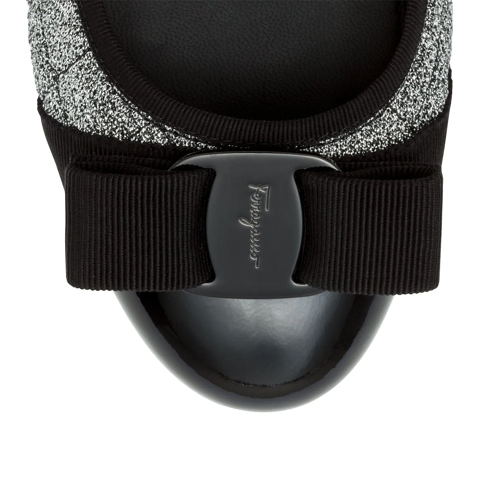 Varina quilted silver fabric black patent ballerinas