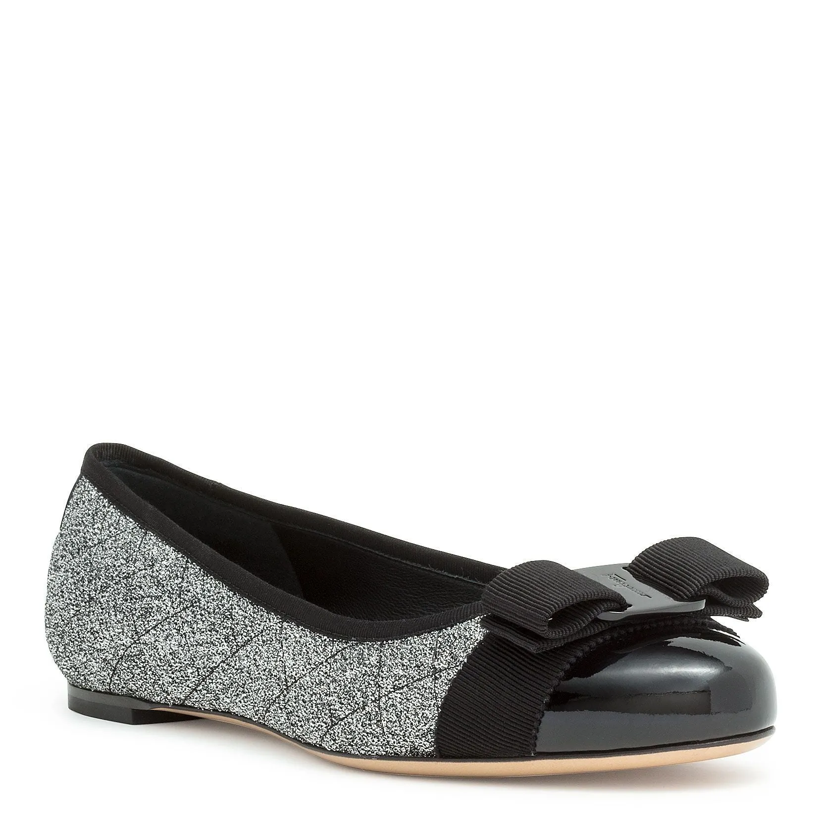Varina quilted silver fabric black patent ballerinas