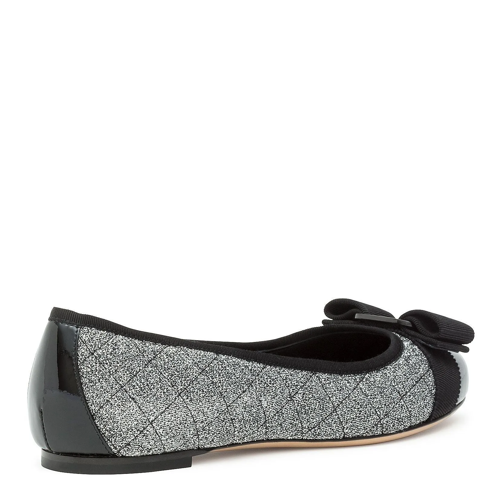 Varina quilted silver fabric black patent ballerinas